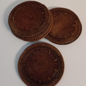 Set of 6 wooden and rattan coasters
